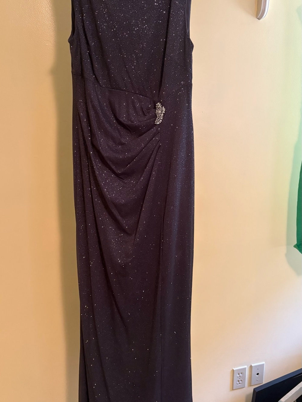 SLNY Black Sparkle Maxi Dress with Side Rhinestone Detail